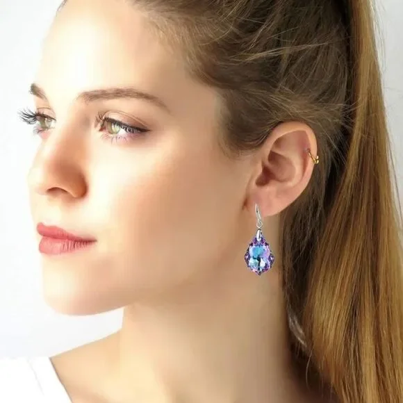 Silver with Vitrail Light Austrian Crystal Baroque Dangling Drop Hook Earrings